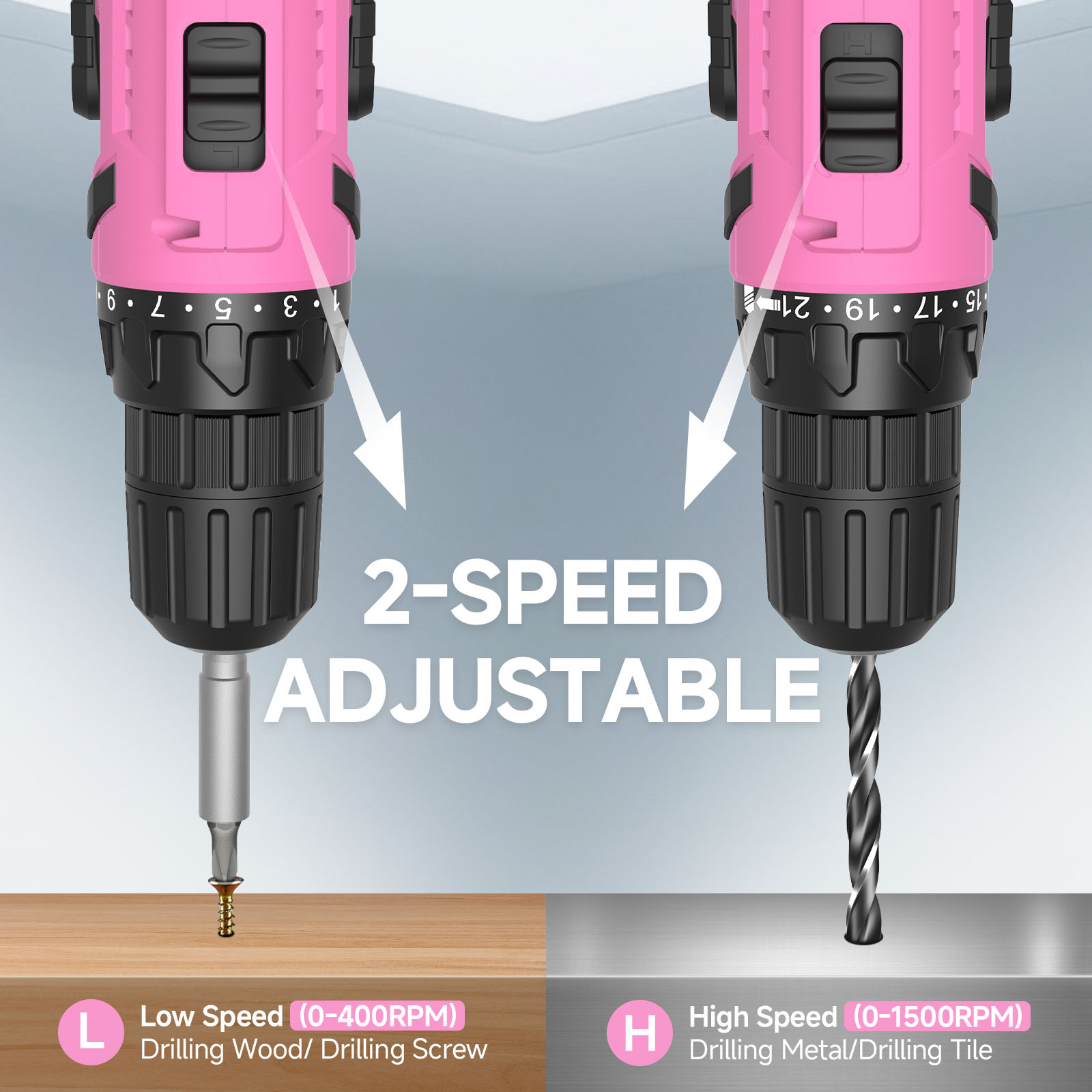 20V MAX Cordless Drill Set with Battery & Charger, 280 in-lbs Power Drill Kit, 2-Speed (0-1400 RPM), 21+1 Torque, 3/8" Keyless Chuck, 30pc Drill/Driver Bits, LED Light for Wood/Metal/Concrete(Pink)