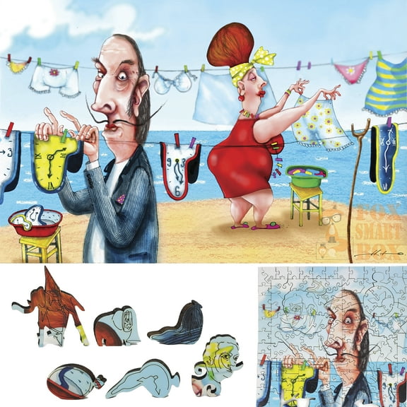 Wooden Jigsaw Puzzles for Adults - Uniquely Shaped Pieces - made in USA by FoxSmartBox - 305 Pieces - Dali's Clocks