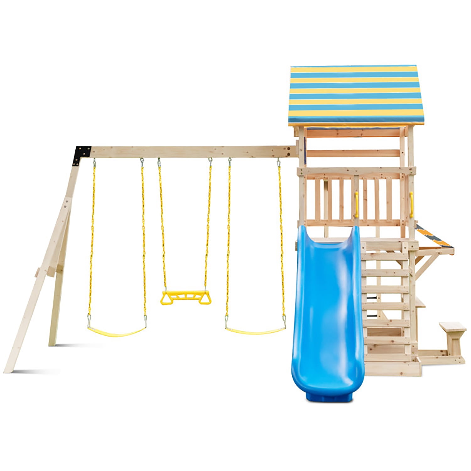 CIPACHO Wooden Kids Swing Set with Large Upper Deck Slide and Steering Wheel, Kids Playground for Backyard