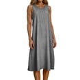 thumbnail image 2 of Summer Dresses for Women Crewneck Mid Sleeve Linen Midi Dress Loose Striped Sleeveless Casual Holiday Beach Sundress Size S-2XL, 2 of 6