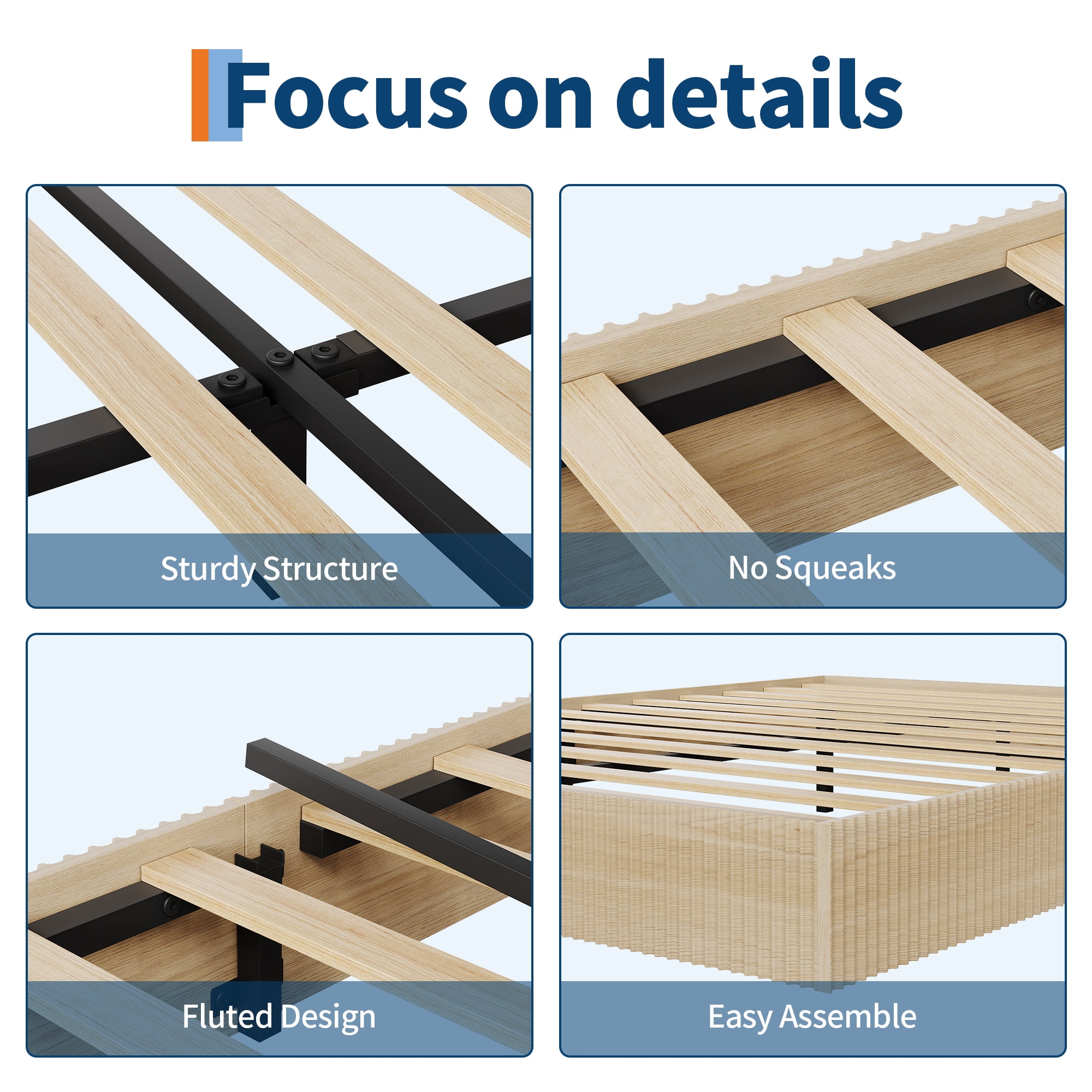 King Size Fluted Bed Frame,Wood Platform Bed Frame with Minimalist Bed Base,Low Profile Design,No Headboard,Noise-Free, Easy Assembly, No Box Spring Needed