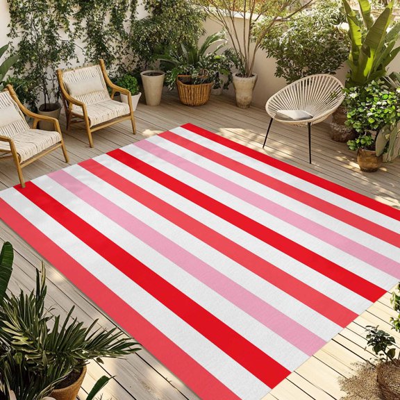 Striped Outdoor Area Rug 5x8ft Decorative Indoor Outdoor Rug Pink Red Patio Area Rug for Porch, Deck, Balcony, Entryway, Camping & RV