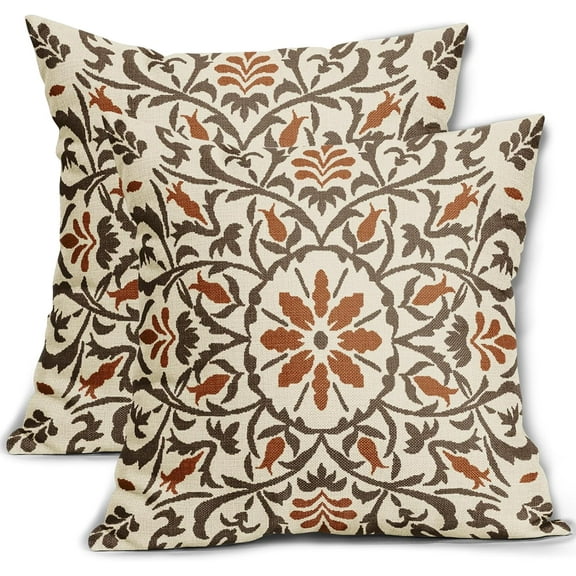 Ryan; Brown Burnt Orange Boho Pillow Covers 18 X Inch Bohemian Ethnic Carpet Style Vintage Flower Print Decorative Throw Pillows Outdoor Cushion Case Farmhouse Decor Set of 2