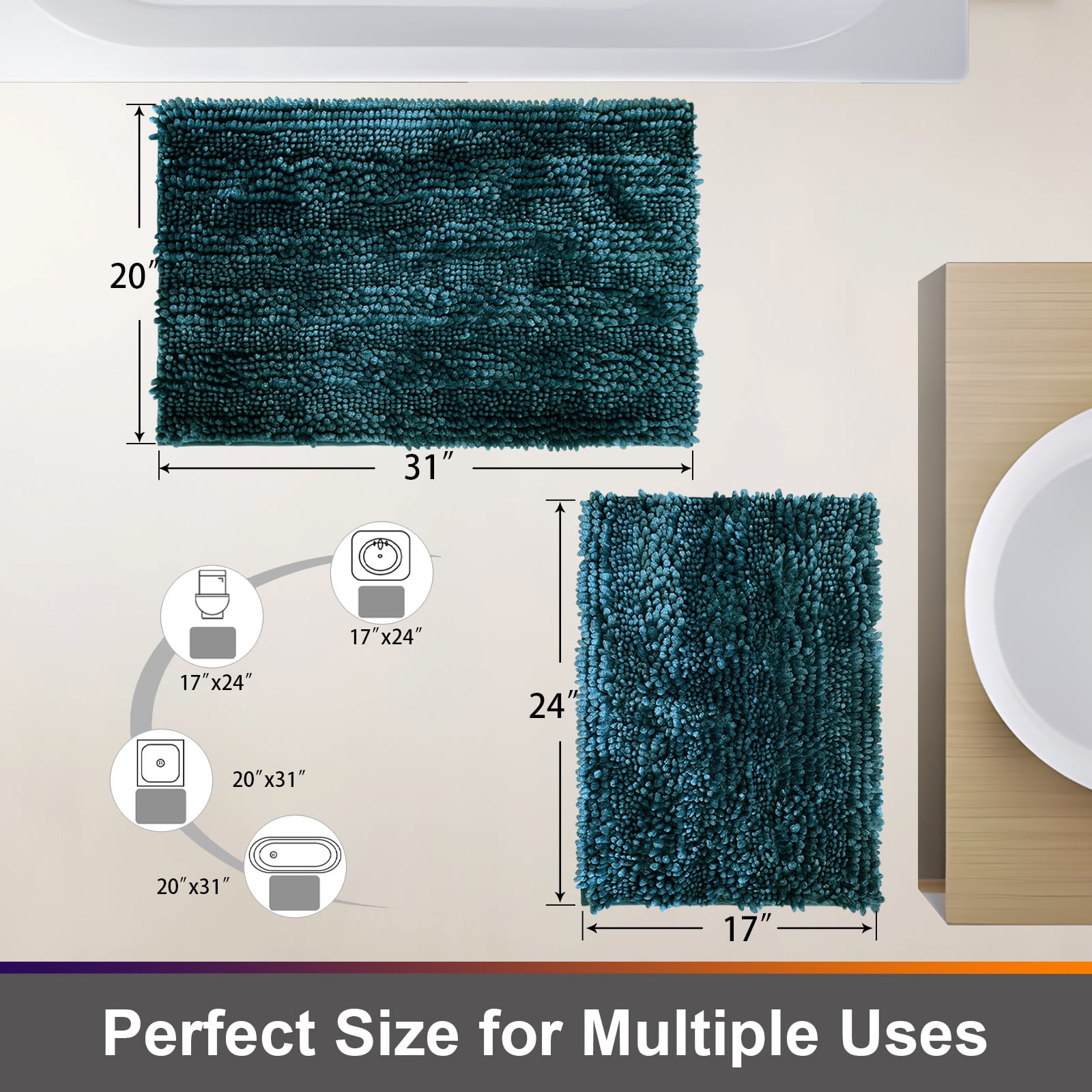 Civkor Bathroom Rugs, Non Slip Bath Mat for Bathroom, 16x24" and 20x31", Teal, Machine Washable