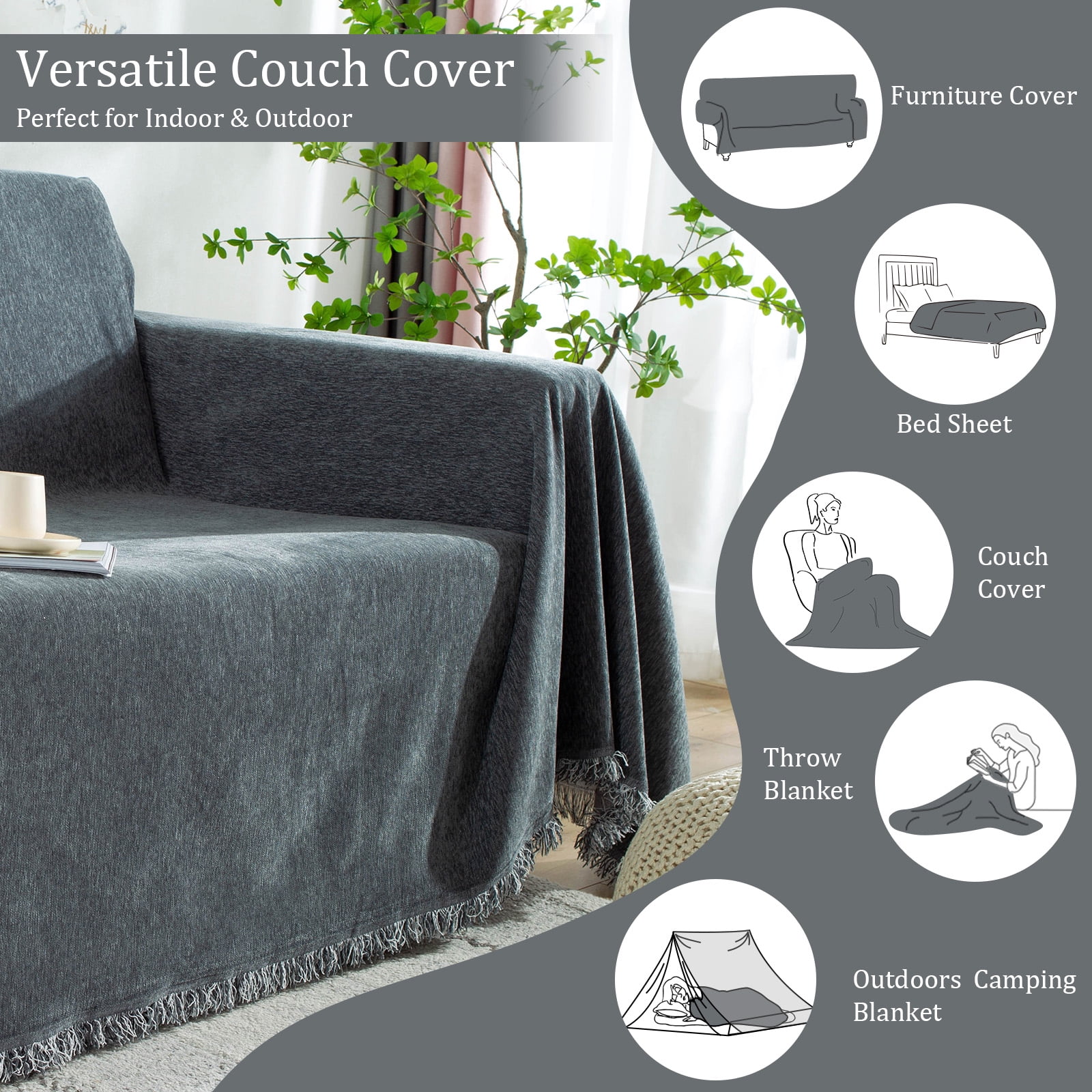 Lovote Water-Resistant Couch Cover Blanket Extra Large Sofa Blanket Strong & Sturdy Sofa Cover for Furniture Protect Machine Washable Farmhouse Style Blanket Sofa Home Decor (Dark Gray, 91'' x 118'')