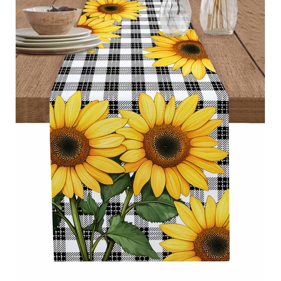 Ldtrchee Sunflower Lattice Table Runner 48 Inches, Abstract Yellow Floral Black White Grid Bed Runner Dresser Scarves Tabletop for Indoor Outdoor Parties/Ceremony/Banquet, 13" x 48"