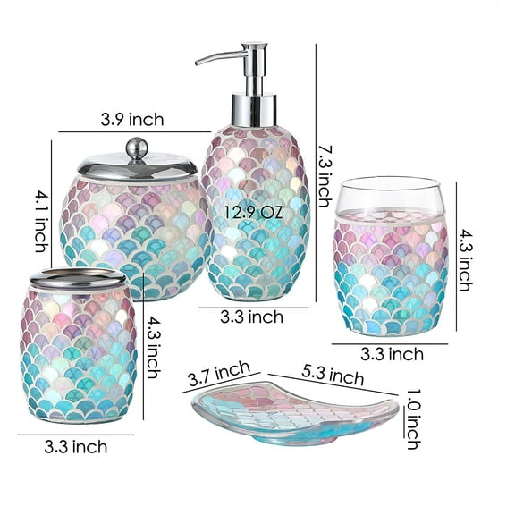 Bathroom Accessories Set, 5-Piece Glass Bath Accessory Complete Set with Lotion Dispenser/Soap Pump, Cotton Jar, Soap Dish, Tumbler and Toothbrush Holder ()