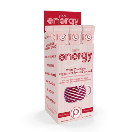 Perk Energy Original White Chocolate Peppermint Pretzel Flavored Drink Powder (10 Servings Stickpack) - Gluten-Free, Peanut-Free, Soy-Free