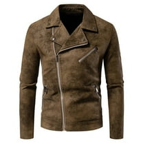WTOBBY Men's PU Leather Lapel Jacket, Light Mature Style Motorcycle Coat, Trendy Biker Outerwear for Casual and Night Out Fashion,Brown L