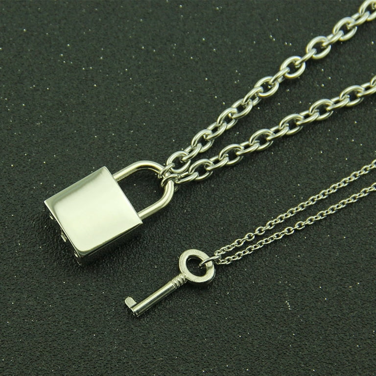 Stainless Steel Chain Necklace Lock Key Pendant Necklace Couple Padlock  Necklace 