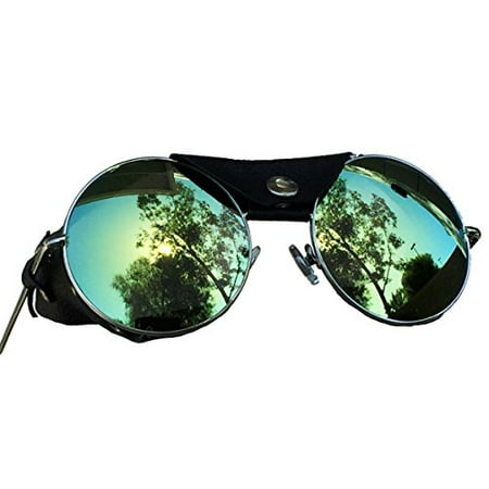 Road Vision Round Lens Motorcycle Sunglasses Steampunk Cycling (Chrome, Blue / Green Mirror)