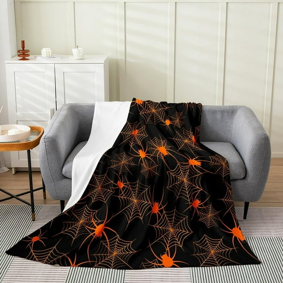 Spider Web Flannel Fleece Blanket Halloween Theme Plush Throw Blanket, for Sofa Couch Kids Orange Spider All Season,Blanket Luxury Spider Animal Bedroom Throw 50"x60"