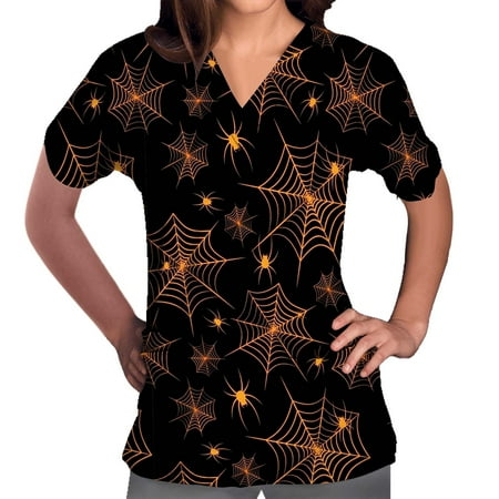 

Scrub Top Womens Pumpkin Skull Print Scrub Shirts Short Sleeve V-neck Workwear Nurse Uniform Pockets