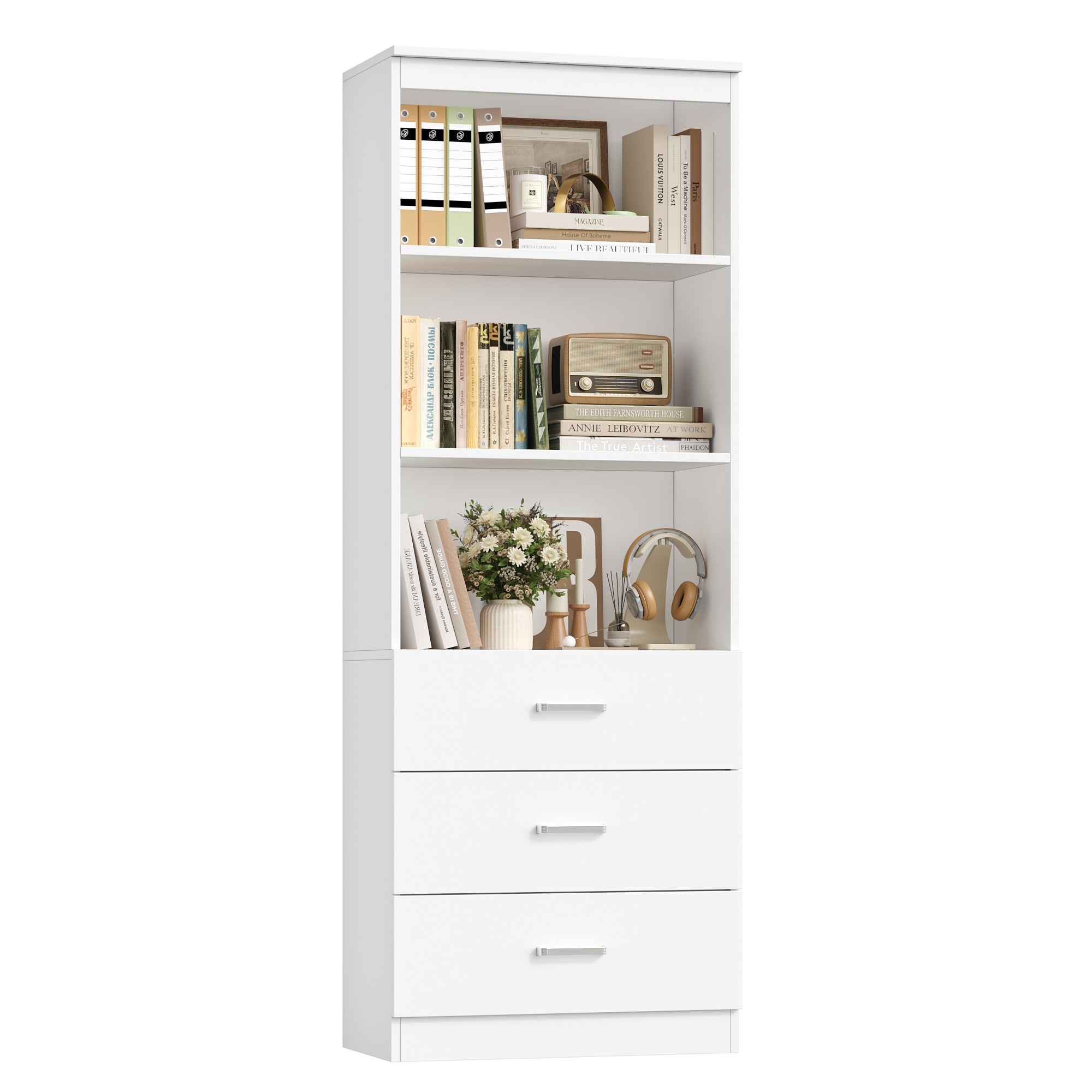 Homfa 71" Tall Bookcase with 3 Drawers, White photo 1