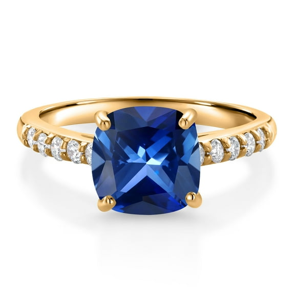 Gem Stone King 2.70 Ct Cushion Blue Created Sapphire G/H Lab Grown Diamond 10K Yellow Gold Engagement Ring (Size 6)