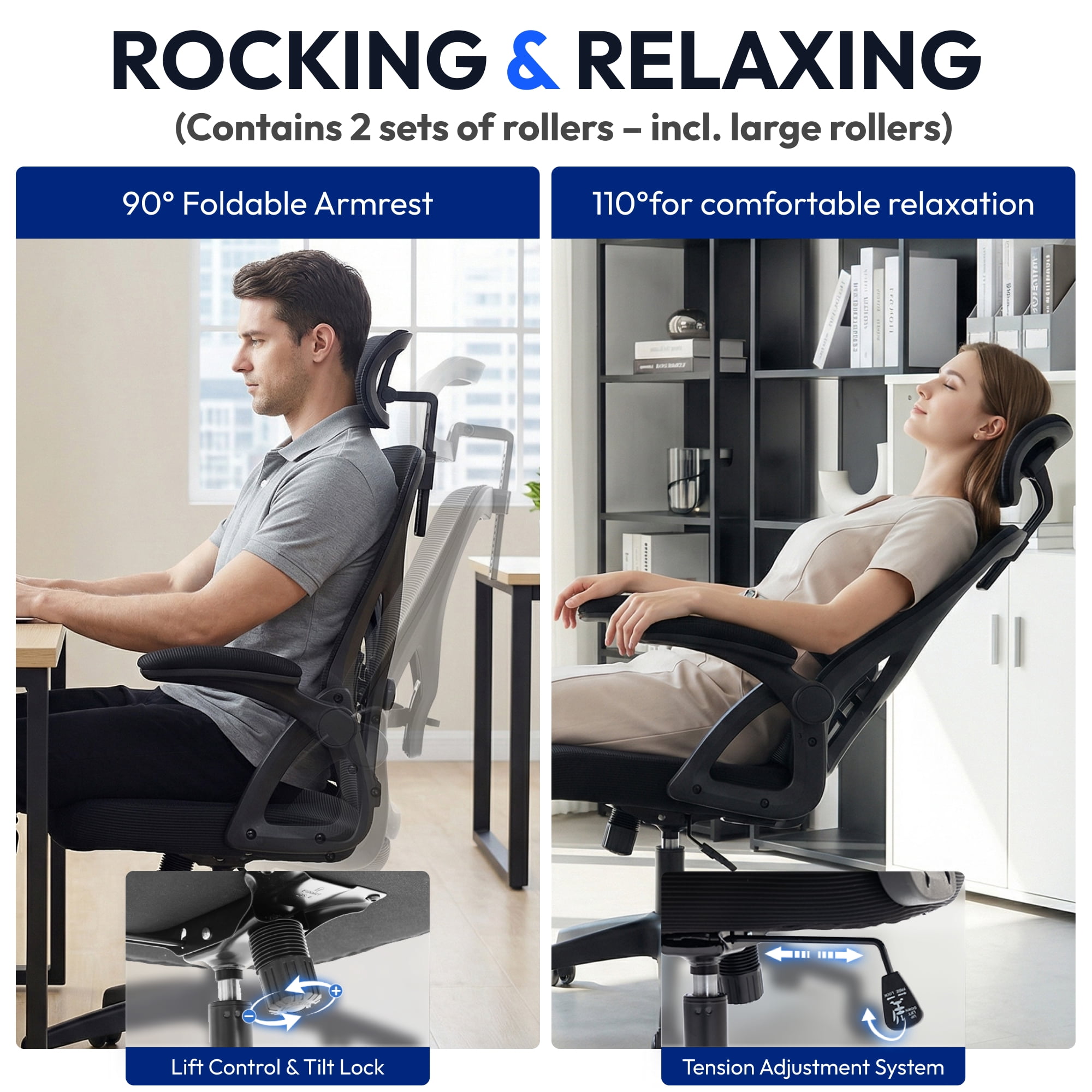 Ultifit Adult Farbic Adjustable Headrests and Adjustable Armrests Ergonomic Office Chairs Black 300lbs