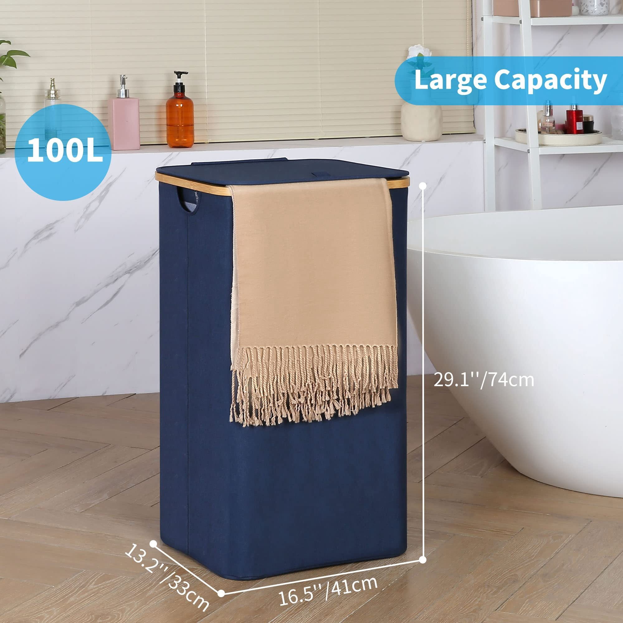 Efluky Laundry Basket with Lid and Removable Bag, 100L Tall Laundry Hamper with Bamboo Handles, Aesthetic Dirty Clothes Bin for Laundry Room, Bathroom, Bedroom and Dorm, Blue