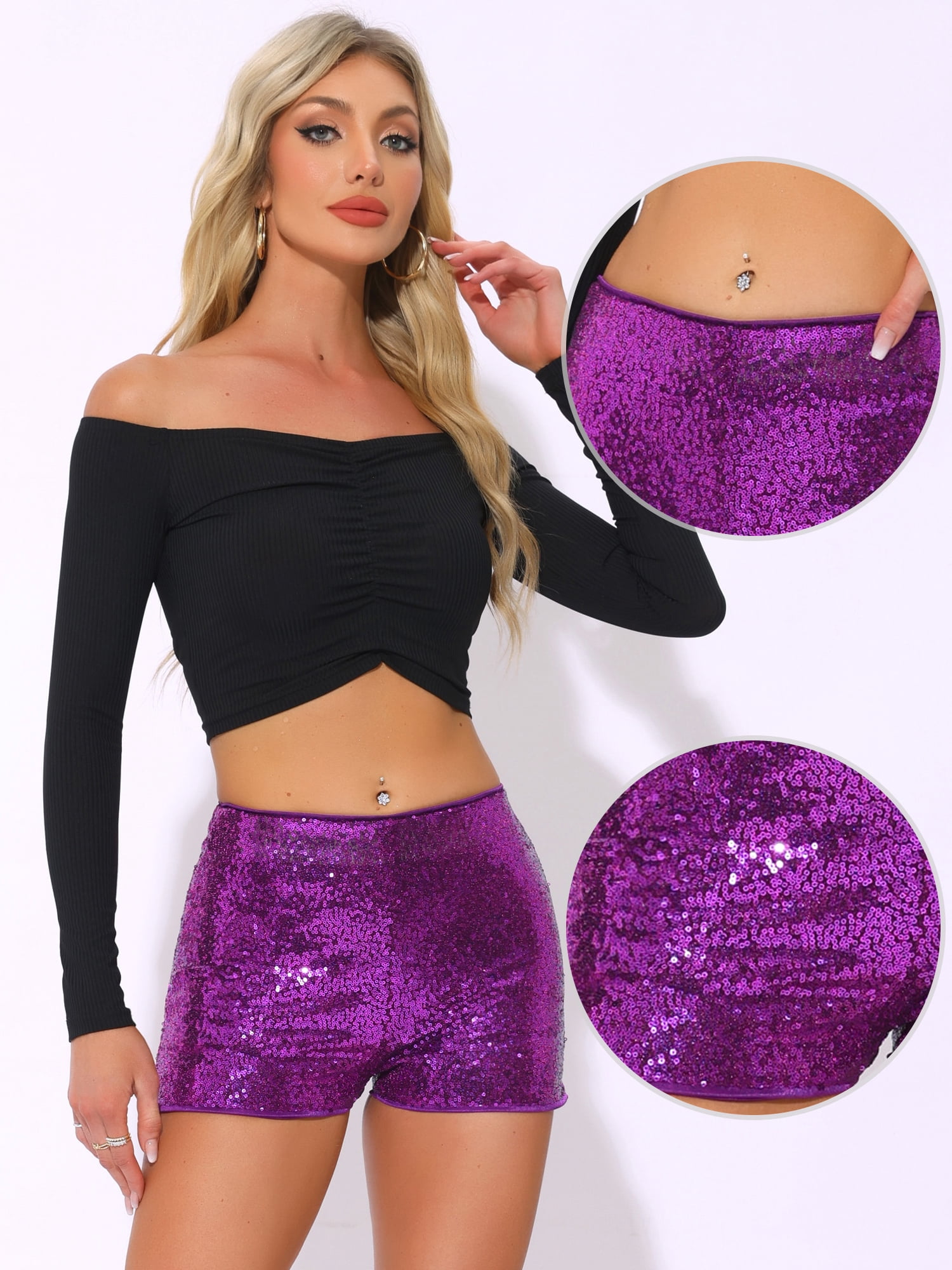 DARING DIVA Women's Midrise Solid Sparkle Coctail Sequin Shorts S Purple-1