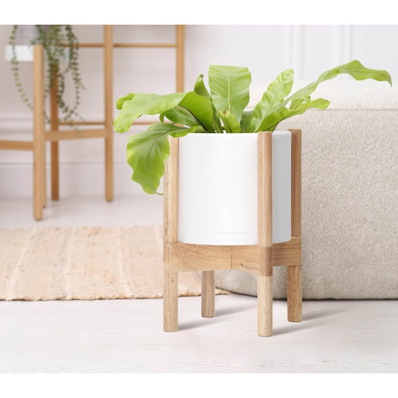 Planter Pot with Stand - Plastic Cylinder Flower Pot with Wood Holder for Indoor, Matte White Pot   Natural Stand