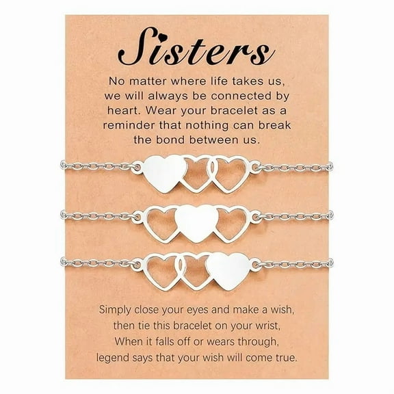 3-Piece Connected Heart Bracelets - Stainless Steel Matching BFF Jewelry Set | Adjustable Chain Bracelets for Sisters & Best Friends