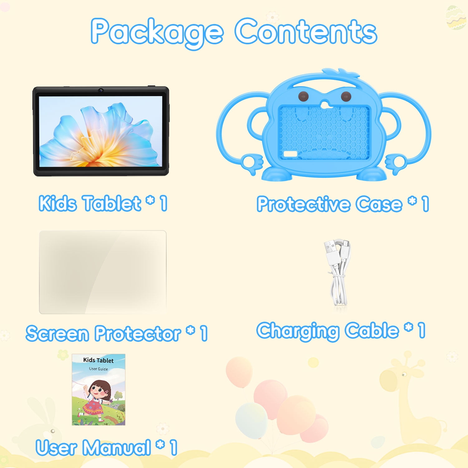 Kids Tablet, 7 inch Android Tablet for Kids, 6GB RAM 32GB ROM Quad-Core Toddler Tablet with Shockproof Case, Bluetooth, WiFi, Parental Control, 2MP+2MP Dual Camera, GPS, Games