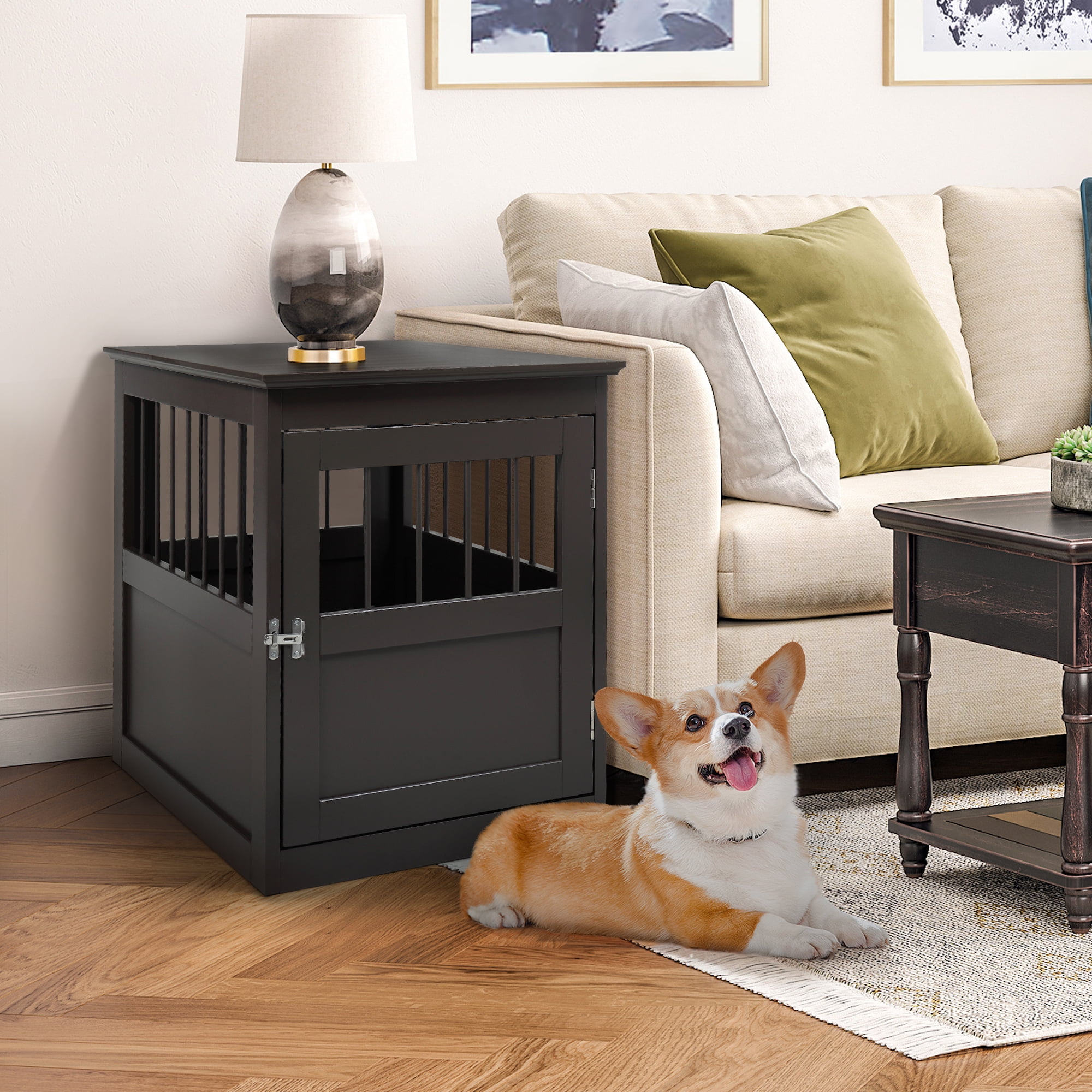 Wood & Wire Dog Crate SIMPLY Wooden Dog Cage House Pet Crate End Table with Cushion Dog Kennel Indoor Wooden Crates Bed Side Furniture with Dog Pad for Small Medium Pets Chew-Proof 