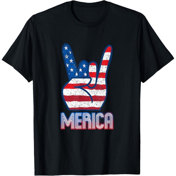 Retro Merica Rock Sign 4th of July Vintage American Flag USA T-shirt
