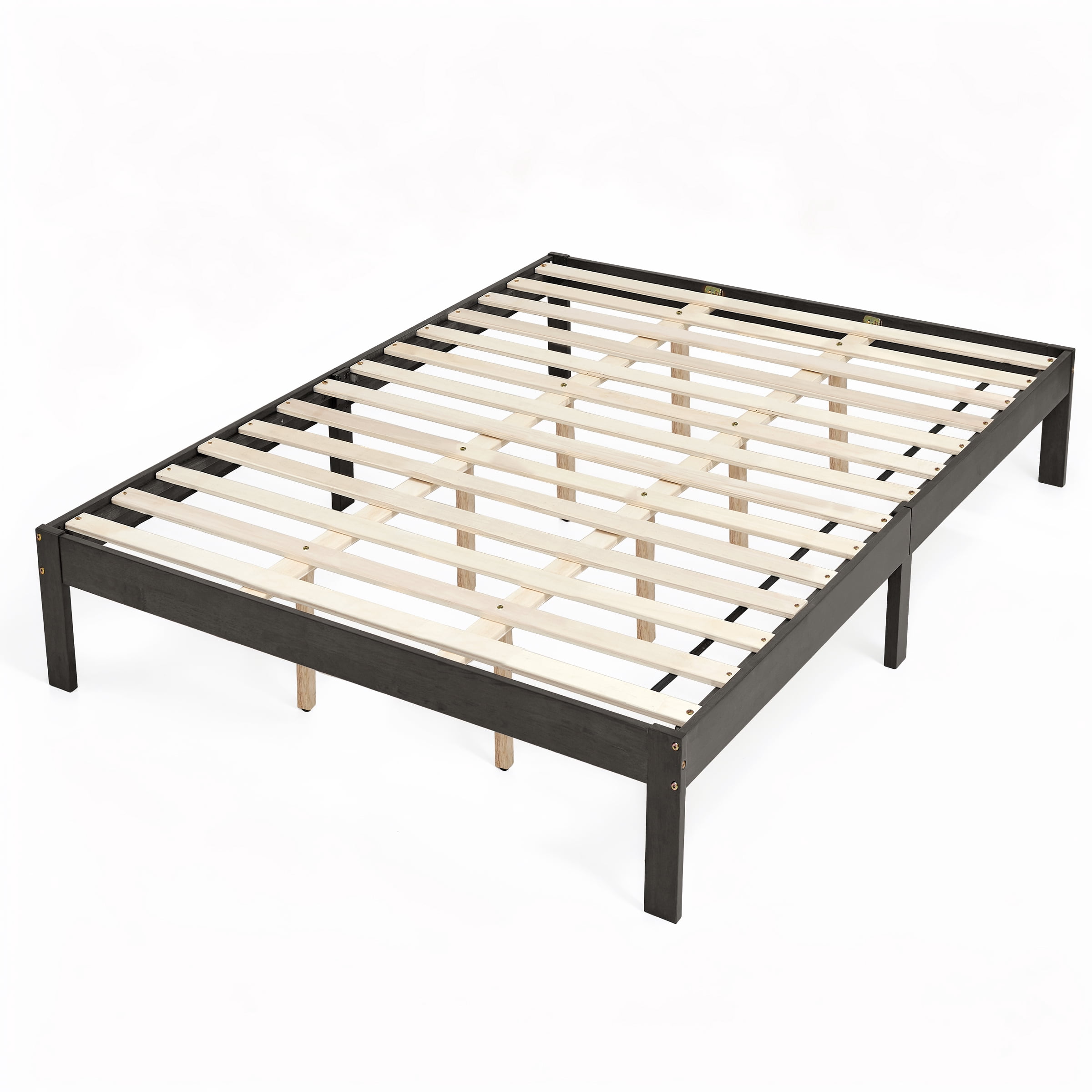 Queen Size Bed Frame, Solid Wood Platform with Wood Slat Support, No Box Spring Needed, Gray