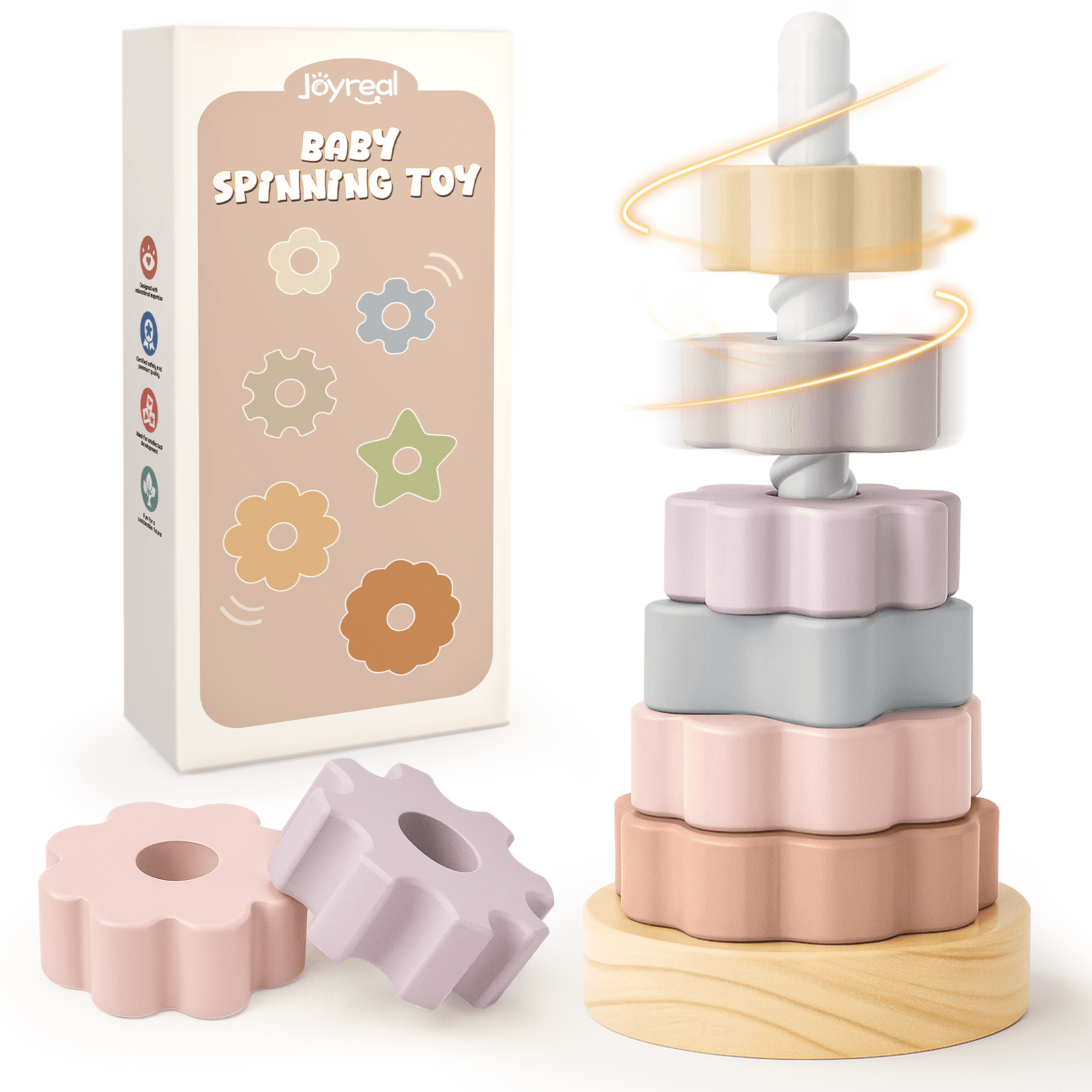 Joyreal Wooden Spinning Stacking Toys, Neutral Ring Stacker Montessori Toys for Toddlers 1-3, Christmas Birthday Gifts for Boys Girls