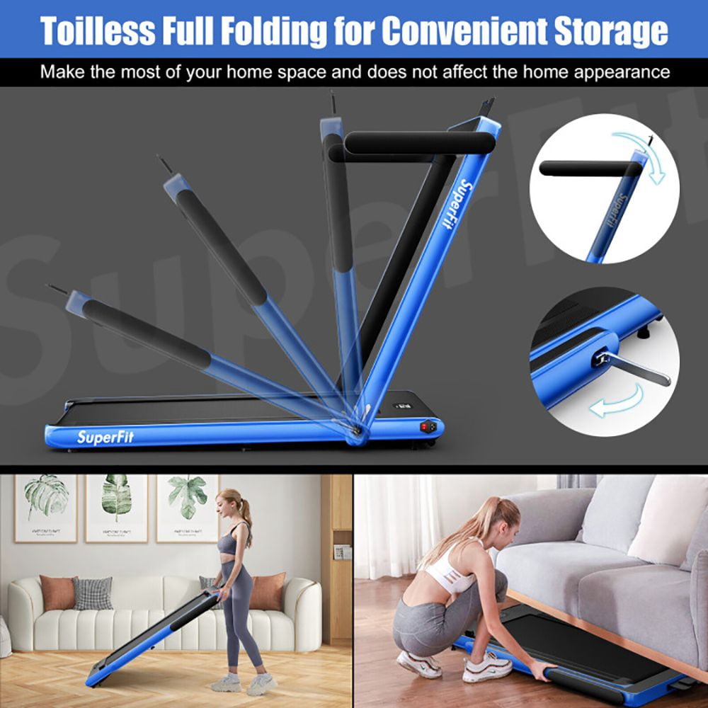 2.25HP 2-in-1 Folding Treadmill, Under Desk Walking Pad with APP, Bluetooth Speaker, Remote, LED Display, 0.6-7.5 MPH, 39.3 x 16 in Shock-Absorbing Belt, 265 lbs Capacity for Home Office Navy