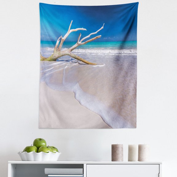 Cacun Tapestry, Gentle Waves Hitting the Coastline with an Algae Covered Tree Trunk, Fabric Wall Hanging Decor for Bedroom Living Room Dorm, 5 Sizes, Dark Sky Blue Multicolor, by Ambesonne