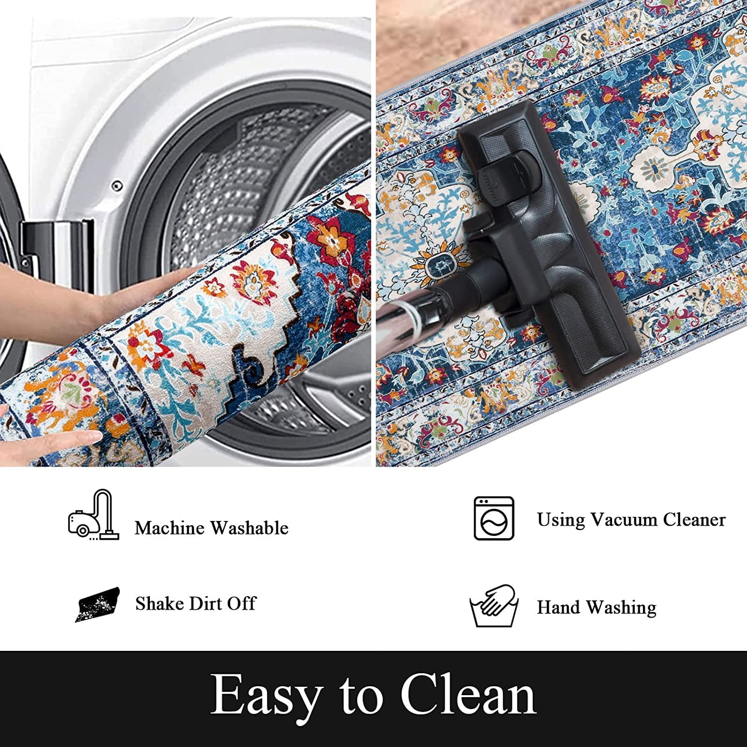 Findosom 2'x6' Vintage Boho Runner Rug Washable Non-slip Area Rug,Hallway Indoor Farmhouse Bedroom Kitchen Living Room Non Shedding Runner, Contemporary Low Plie Floor Carpet Doormat,Blue