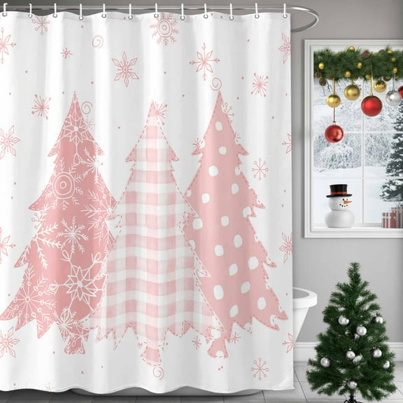 Christmas Light Shower Curtains for Bathroom, Pink White Checked Pine Trees Snowflakes Waterproof Fabric Shower Curtain for Bathroom Bathtub Decoration, Machine Washable, 60"x72"