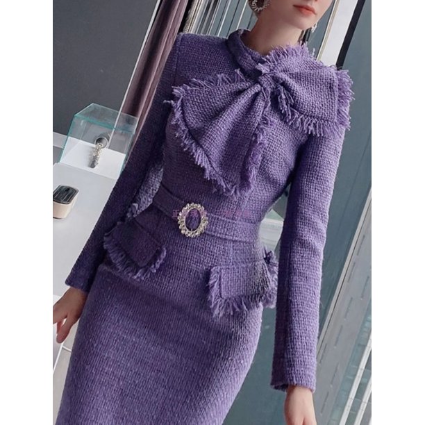 Heavy Industry Elegant Big Bow Drill Buckle Belt Waist-Tight Purple Tweed  Dress for Women Socialite Slim-Fit Bodycon Long Dress