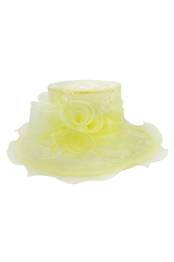 Medium Lace Organza Hat w/ Two Roses - Yellow