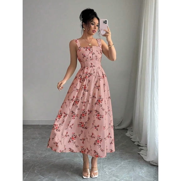 Bubblegum Pink Floral Print Waist-Gathering Pleated A-Line Maxi Dress For Women