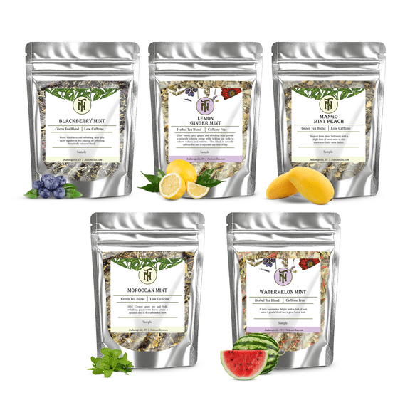 Nelson's Tea Mint Tea Loose Leaf Sampler Pack - Blackberry Mint, Lemon Ginger Mint, Mango Mint Peach, Moroccan Mint, Watermelon Mint (Sample Sizes)