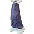 thumbnail image 2 of Lenpel Girls' Cargo Pants Baggy Elastic High Waisted Soft Cotton Wide Leg Pants Trendy Streetwear Trousers with Pockets, 2 of 5
