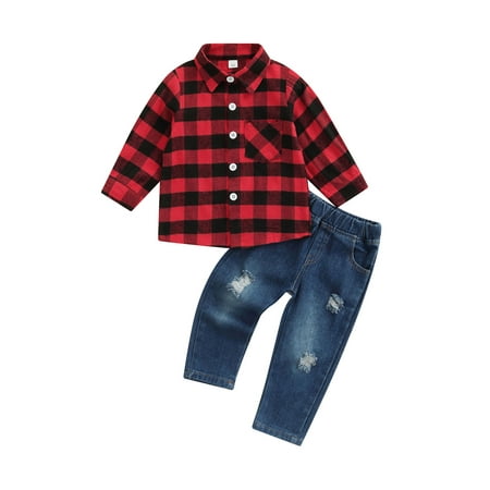 

Jamlynbo Christmas Baby Boy Clothes Outfits Merry Christmas Buffalo Plaid Botton Down Shirt Blouse Denim Jeans Pants Set