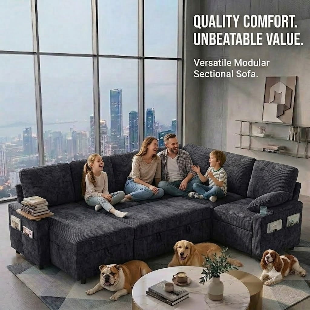 EPOWP 108" Sectional Sleeper Sofa, 7-Seater L-Shaped Modular Couch with Pull-Out Sofa Bed, Adjustable Backrest, Side Table & Charging Ports, Chenille Sectional Sofa for Living Room, Black