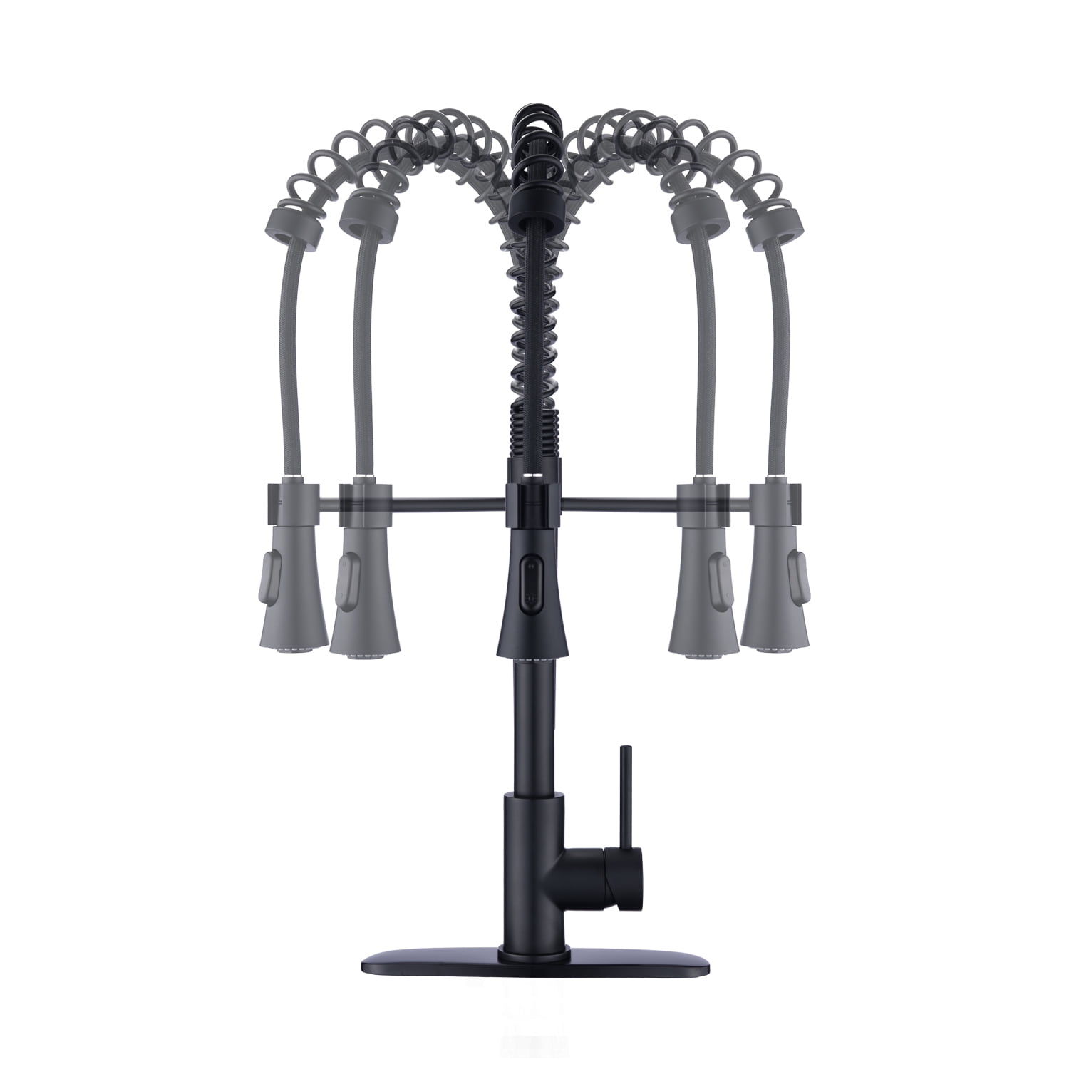 Izzovium Commercial Modern Single Handle Spring High Arc Kitchen Faucet, 23.62" Height, 8" Spout Reach, 1.8GPM Flow Rate, Matte Black Stainless Steel, Pull Down Sprayer