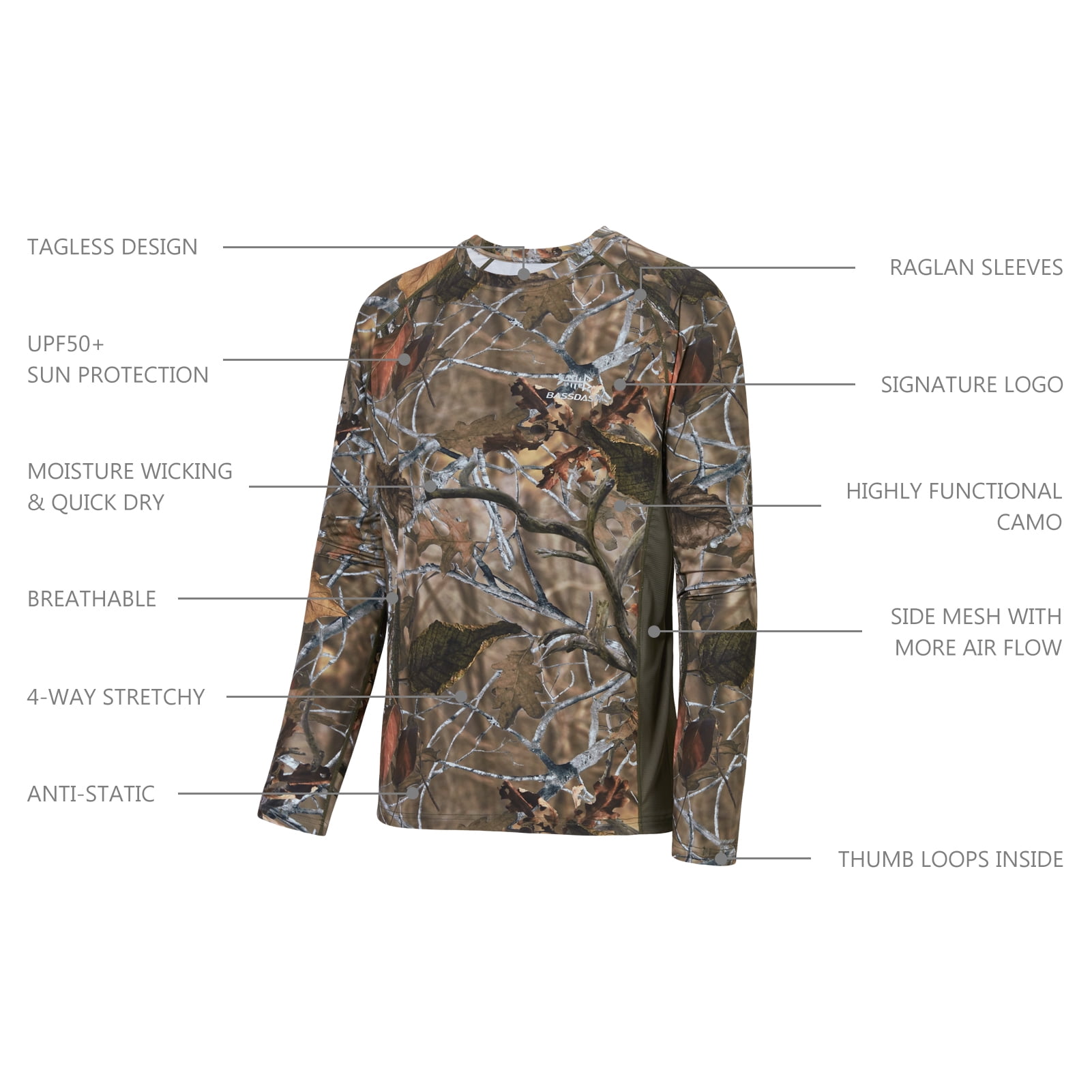 Bassdash FS13M Men's Hunting Camo Performance Long Sleeve Shirt Fishing UPF50+