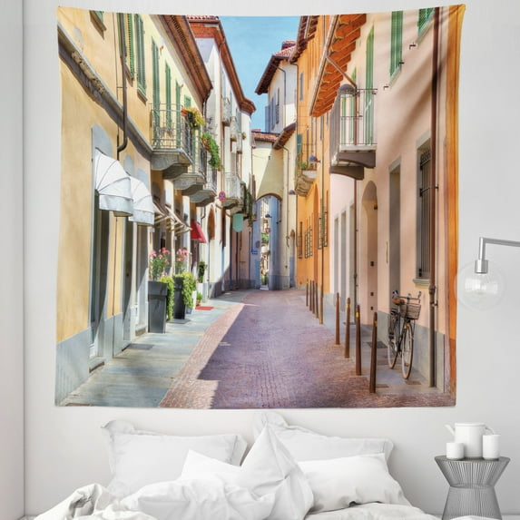 City Tapestry, Town of Alba Piedmont Northern Italy Narrow Stone Paved Street Among Colorful Houses, Fabric Wall Hanging Decor for Bedroom Living Room Dorm, 5 Sizes, Multicolor, by Ambesonne