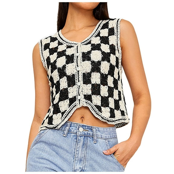 RMGVDSD Women Button Front V Neck Sleeveless Crochet Plaid Checkered Knit Sweater Vest Solid Color Casual Classic Soft Sweater /Black