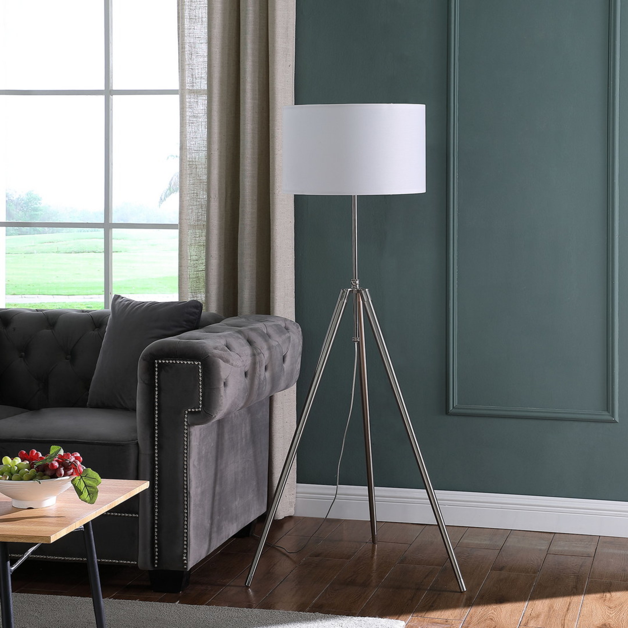 Noble House 64" Adjustable Tripod Floor Lamp, Mid-Century Brushed & Chrome with White Linen Shade, Silver