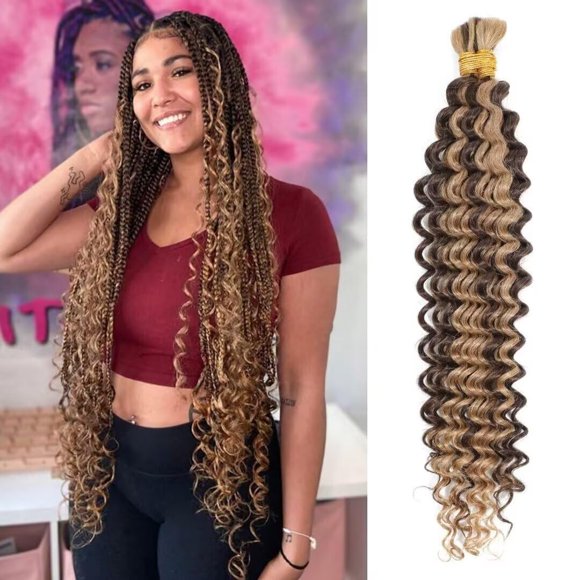 Highlight Deep Wave Bulk Human Hair for Braiding Micro Braiding Hair for Boho Braids 100% Unprocessed Brazilian Virgin Human Hair Braiding Hair No Weft 2Bundles(26inch, #P4/27)