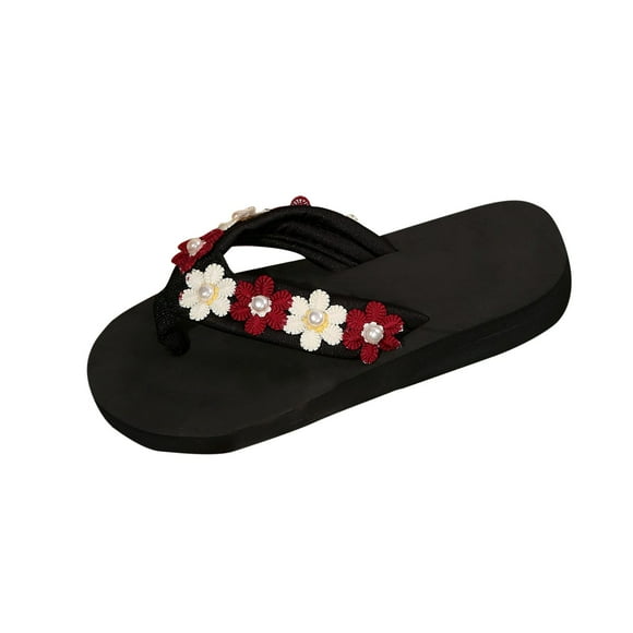 Flip Flops for Women Flatform Pearls Flower Decor Color Block Non Slip Beach Summer Sandals Red