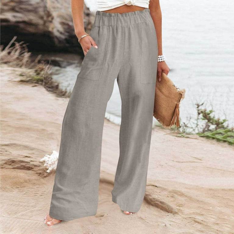 QUYUON Wide Leg Linen Pants for Women Summer High Waisted Cotton Linen Long  Lounge Pants with Pockets Elastic Waist Pull on Pants Casual Loose