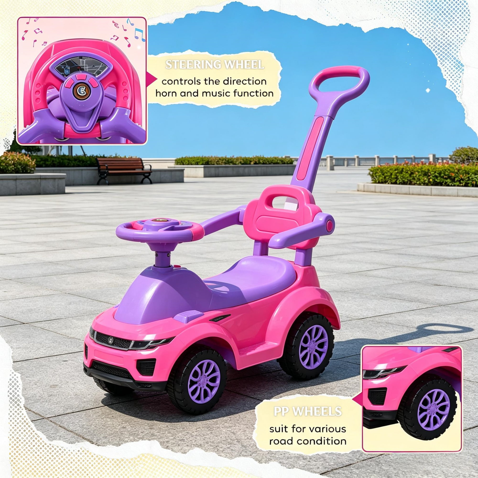3-in-1 Kids Ride-On Push Car, Stroller Sliding Car with Horn, Music, Lights & Secure Bar, Toddler Toy for 18-36 Months Old, Pink