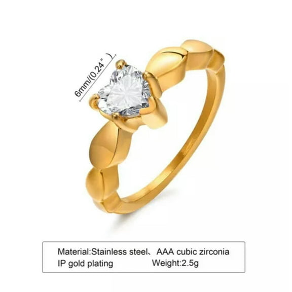 6mm Heart Shape AAA Cubic Band Women's Stainless Steel Gold/Black Ring Size 5-10